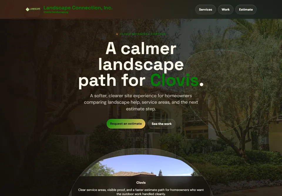 Local landscape website preview with business branding and service imagery